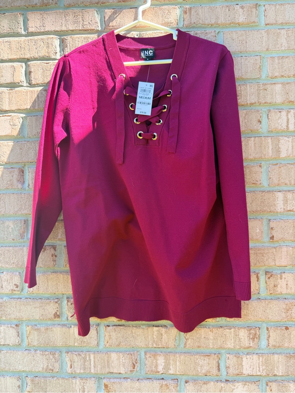 INC International Concepts Lace-Up V-Neck Sweater Tunic - Berry